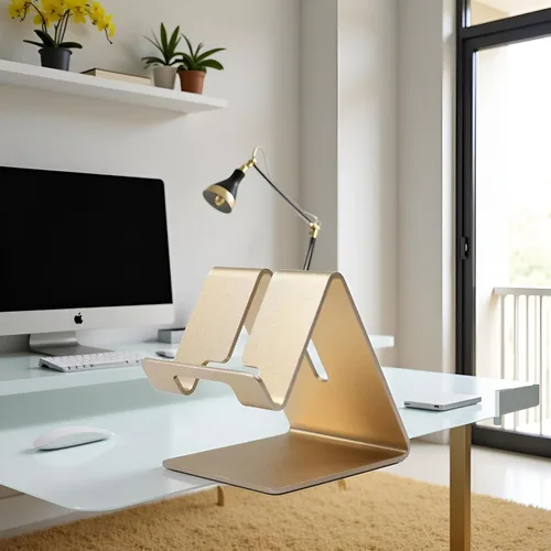 Vista 3 de Soporte de teléfono celular de aleación de aluminio dorado, soporte para teléfono celular, soporte de escritorio de aluminio sólido universal