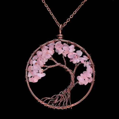 Vista 4 de sedmart Collar con colgante de árbol de la vida con cristal de amatista y rosa