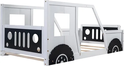Vista 7 de Cama de plataforma de tamaño individual, cama de plataforma en forma de automóvil con ruedas y ventanas, marco de cama de madera maciza con soporte