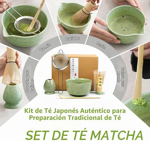 Vista 2 de Juego de batidor de matcha, cuenco de cerámica de 17 onzas con boquilla, cuchara de bambú y tamiz inoxidable, kit de 5 piezas de matcha verde jade