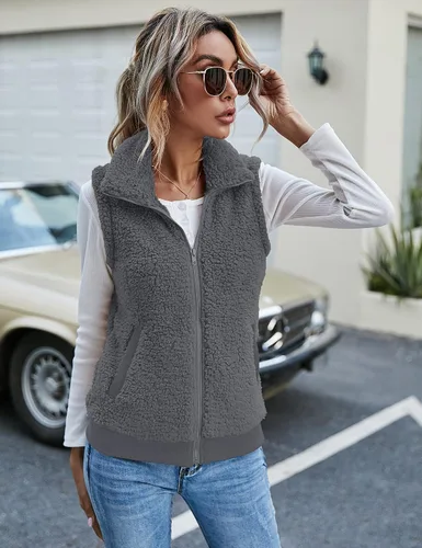 Vista 2 de LOMON Chaleco de forro polar mullido para mujer, casual, cálido, sin mangas, con cremallera, con bolsillos, para otoñoinvierno