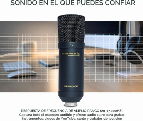 Vista 4 de Marantz Professional MPM-1000U - Micrófono de condensador USB para juegos, streaming y podcasting - Interfaz de audio incorporada, soporte