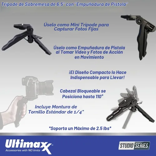 Vista 2 de Ultimaxx Mini trípode de mesa ligero y portátil de 6.5 pulgadas, agarre de pistola para cámaras DSLR y sin espejo, funciona como trípode