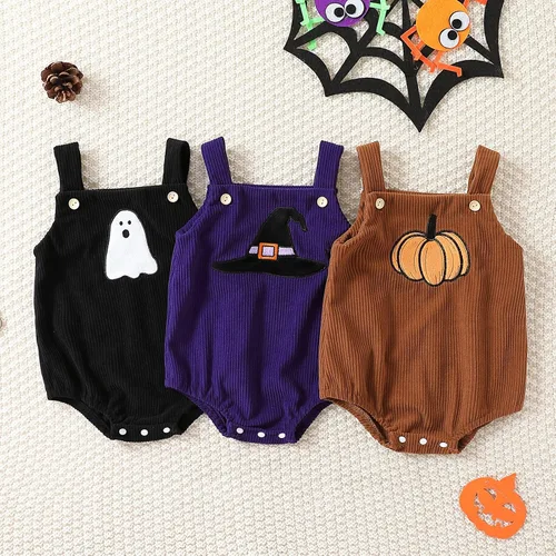 Vista 6 de Disfraz de Halloween para bebé niña y niño, disfraz de calabaza, mameluco de punto, sin mangas, overol de otoño