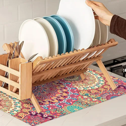 Vista 7 de Tapete de secado de platos con diseño de mandala, vintage, bohemio, floral, tapete de secado de platos, encimera de cocina, 18 x 24 pulgadas