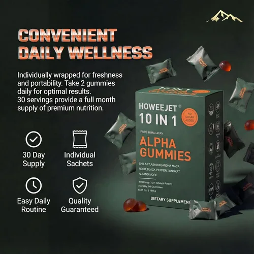 Vista 4 de Gomitas Shilajit naturales del Himalaya para hombres, gomitas alfa 10 en 1 con 4000 mg de shilajit puro, Ashwagandha, ginseng, Tongkat Ali y raíz