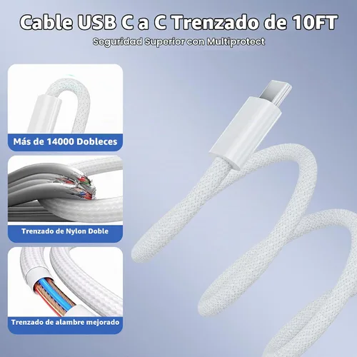 Vista 5 de Cargador de carga rápida para iPhone 17 16 15 Pro Max de 10 pies, 40 W, paquete de 2 4 puertos PD y AC, cable de carga rápida USB C a C de 10 pies