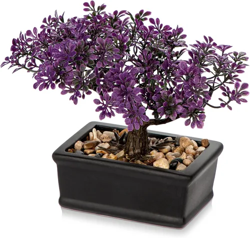 Vista 12 de Árbol bonsái artificial con maceta de porcelana azul y blanca, bonsái falso para decoración de escritorio de oficina en casa, decoración oriental