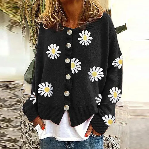 Vista 2 de Suéter de punto para mujer, cárdigan con botones, estampado de margaritas, suéter de manga larga, cárdigan ligero e informal
