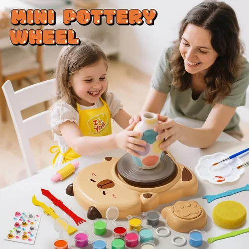 Vista 4 de Skirfy Mini Kit de Máquina de Torno de Alfarería para Principiantes Niños con Luz, Torno Eléctrico de Cerámica con Pedal de Pie y Kit de Pintura