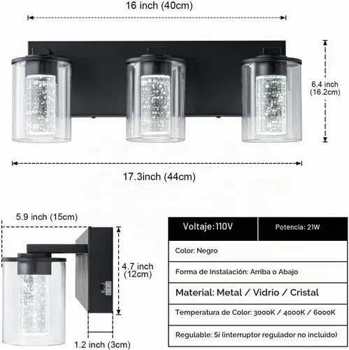 Vista 3 de SineRise Lámpara de tocador negra (3 luces, 17 pulgadas), (3000 K/4000 K/6000 K, regulable), lámpara LED de baño con protección ocular, moderna Negro