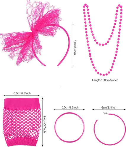 Vista 2 de 80s Fancy Dress Costume Accessories Lace Headband Earrings Fishnet Gloves Necklace Bracelet for 80s Retro Party