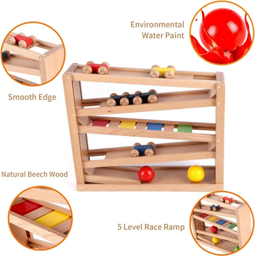 Vista 4 de Qilay Juguete de carreras de madera para niños pequeños, juego de rampa de coche de carreras de 5 niveles incluye 4 autos de madera y 3 pelotas