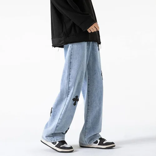 Vista 2 de Pantalones de mezclilla holgados para hombre, estilo hip-hop, cruzados, holgados, pierna ancha, rectos, ropa de calle