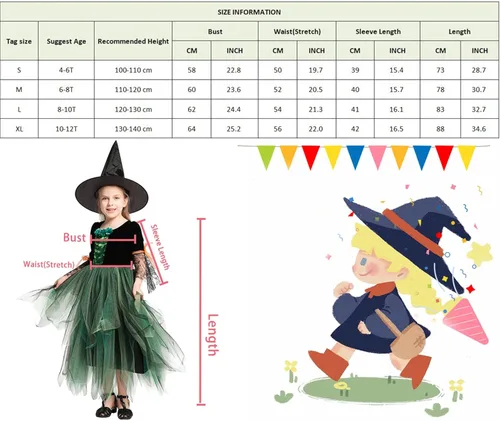 Vista 7 de AGQT Disfraces de bruja para niñas, disfraz de Halloween para niñas de 4 a 12 años