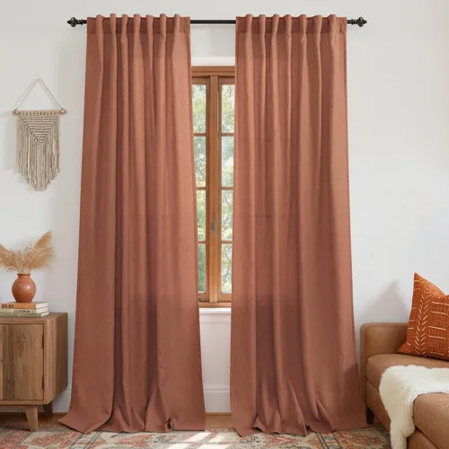 Vista 109 de Cortinas rústicas color beige tostado de 42 x 84 pulgadas de largo para sala de estar, juego de 2 paneles transparentes de lino natural, imitación