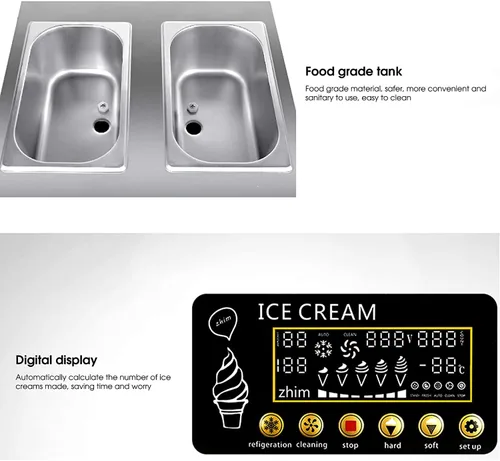 Vista 5 de Máquina de helado comercial de 3 sabores de 18L/H, máquina de helado granizado de 1200 W profesional con pantalla LED, limpieza automática