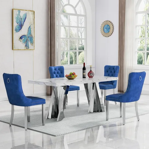 Vista 71 de HomVent - Juego de mesa de comedor de mármol sintético de 68 pulgadas con 4 sillas de terciopelo para cocina Modern Rectangular Faux Marble