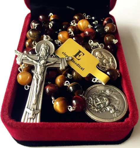 Vista 6 de elegantmedical Ojo de tigre hecho a mano 5 cuentas de rosario de cuentas de cruz de Italia Crucifijo collar caja para hombres y mujeres regalos
