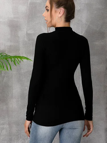 Vista 4 de Camiseta sin mangas de manga larga para mujer, cuello alto, básica, elástica, ligera, delgada