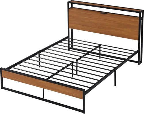 Vista 4 de VilroCaz Cama de plataforma de tamaño matrimonial con enchufes y puertos USB, marco de cama de plataforma de metal moderno con cajones, soporte