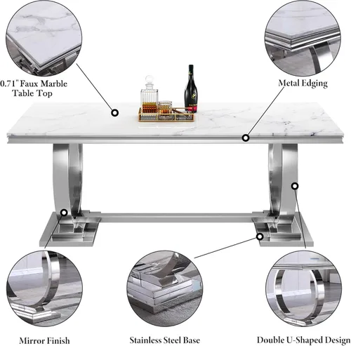 Vista 6 de Juego de mesa de comedor de mármol sintético, 7 piezas, juego de mesa de cocina y comedor para 6, mesa de comedor rectangular blanca de 70 pulgadas