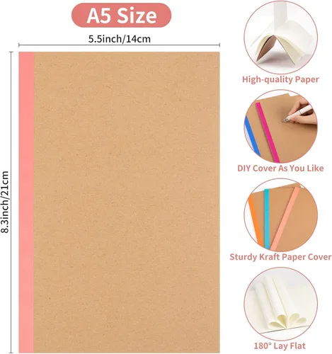 Vista 2 de Paquete de 30 cuadernos en blanco a granel, cuaderno de composición de papel A5 sin forro, 8.3 x 5.5 pulgadas, cubierta de papel kraft con espinas