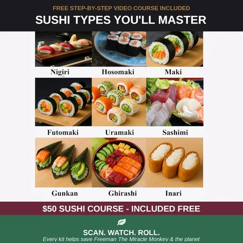 Vista 8 de Kit de fabricación de sushi de mono albino con bazuca, tapete de bambú y curso de sushi gratis Cuchillo Pro Sashimi, molde Nigiri y 5 pares