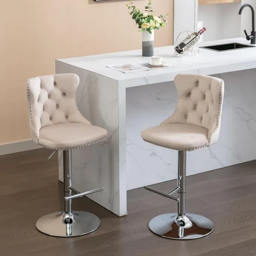 Vista 3 de Taburetes de bar giratorios de terciopelo ajustables para asiento de 25 a 33 pulgadas, modernos taburetes de bar tapizados con base cromada