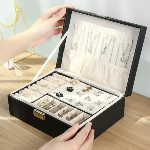 Vista 6 de NuAngela Organizador grande para mujeres y niñas estuche de almacenamiento de joyas de 2 capas soporte de joyería de piel sintética con bandeja