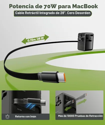 Vista 3 de Adaptador de viaje universal GaN de 70 W con cable USB-C retráctil, cargador de pared rápido para MacBook Pro/Air, portátiles, enchufe internacional