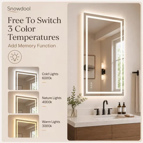 Vista 4 de Snowdool - Espejo LED para baño de 40 x 32 pulgadas con 8 luces RGB retroiluminadas + 3 luces frontales (ajustables individualmente), espejo de 3