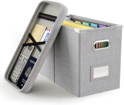 Vista 23 de Oterri Caja organizadora de archivos con tapa, caja de archivos colgante con bolsillo de malla, caja organizadora de documentos para archivos