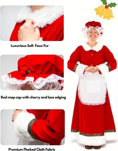 Vista 5 de Disfraz de Mrs. Claus para mujer, talla grande, vestido de Papá Noel para adultos con delantal, peluca y lentes para fiesta de cosplay