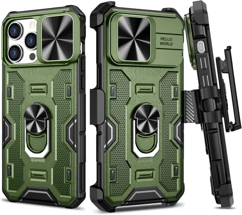 Vista 19 de VEGO Funda para iPhone 13 Pro Max/iPhone 12 Pro Max con soporte, cubierta deslizante para cámara y funda con clip para cinturón, funda protectora