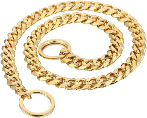 Vista 2 de Loveshine Collar de cadena para perro de oro de 18 quilates, cadena de eslabones cubanos de metal de acero inoxidable resistente para perros