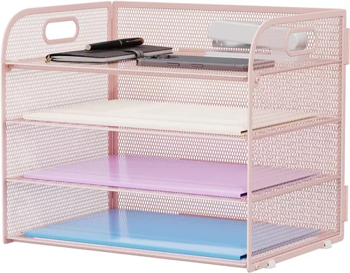 Vista 15 de Marbrasse Organizador de Papel de 4 Niveles Bandeja para Cartas - Organizador de Archivos de Escritorio de Malla con Asa, Organizador Clasificador