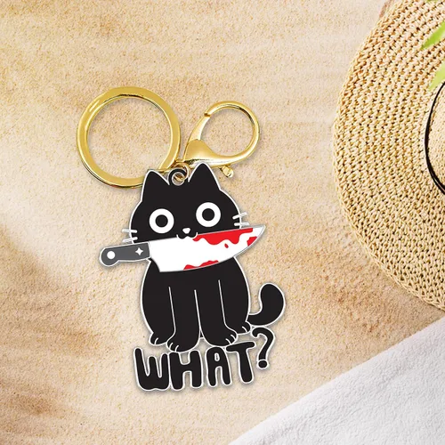 Vista 3 de Donawings Llavero de metal con diseño de gato negro para hombres y mujeres, diseño de gato esmoquin divertido - Colgante de llavero tricolor