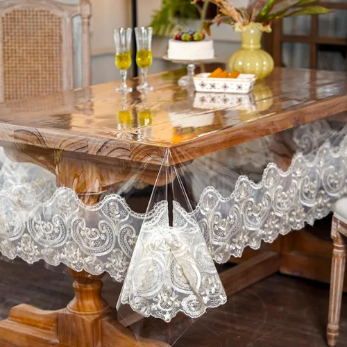Vista 3 de ARTABLE Mantel rectangular de vinilo de PVC, impermeable, transparente, con borde de macramé de encaje champán, para boda, cocina, hogar
