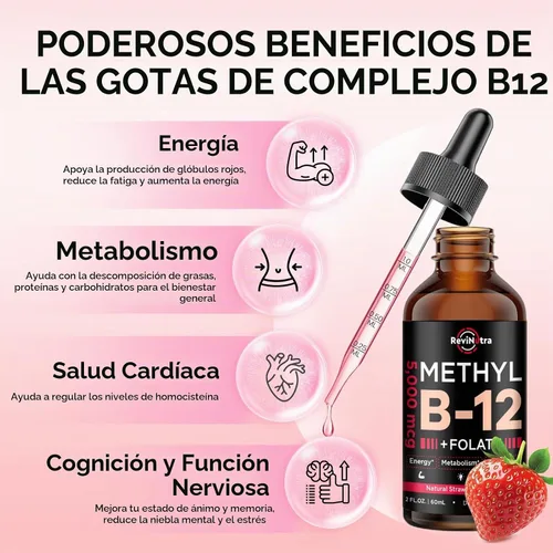 Vista 2 de Gotas líquidas de vitamina B12, vitaminas B12 de 5000 mcg, suplemento de complejo de vitamina B con metilcobalamina B12 sublingual, vitamina B6