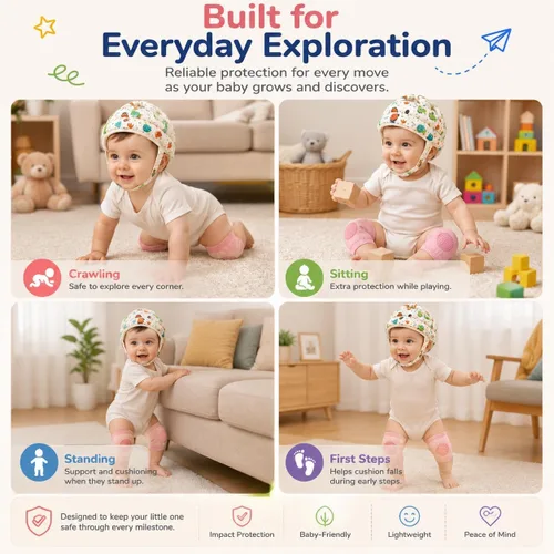Vista 6 de Juego de protectores de cabeza y rodilleras para bebé, casco de bebé suave y ajustable para gatear, gorra de protección de cabeza infantil con 5