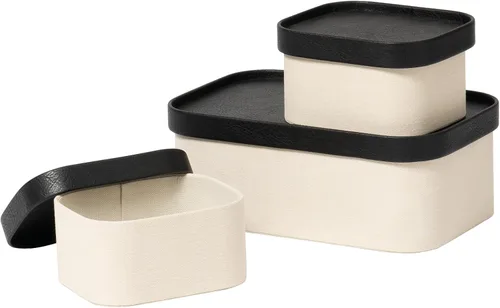 Vista 10 de Cajas de almacenamiento decorativas beige con tapas, cestas de almacenamiento con tapas similares al cuero, cajas de papel apilables resistentes
