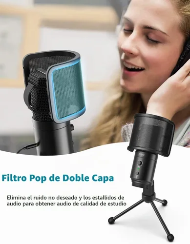 Vista 3 de FIFINE Micrófono USB de computadora de escritorio con filtro pop para computadora y Mac, micrófono de condensador de estudio con perilla
