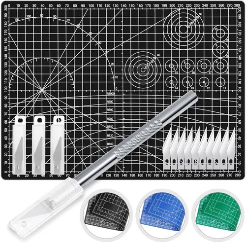 Vista 9 de Anezus Cuchillo de precisión y tapete de corte autocurable, juego de cuchillos de pasatiempos con 30 cuchillos para arte, hobby, manualidades A.Verde