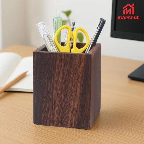 Vista 3 de Portalápices de madera para escritorio, bolígrafo de madera de nogal negro, organizador cuadrado natural, soporte simple para lápices, brochas