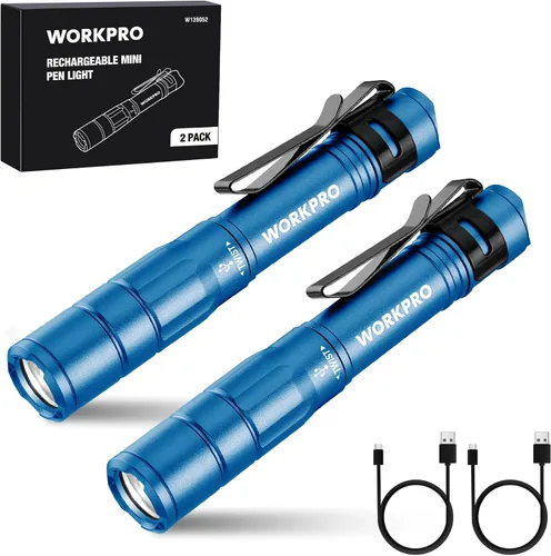 Vista 11 de WORKPRO Luz recargable para bolígrafo, mini linterna, paquete de 2 linternas EDC ultracompactas, linterna de bolsillo con clip, función de memoria