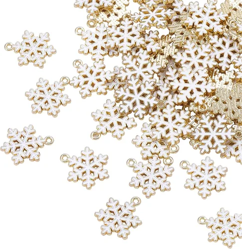 Vista 12 de LiQunSweet 100 adornos de bola de Navidad rojos, dijes esmaltados de copos de nieve dorados para hacer joyas