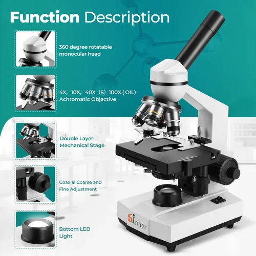 Vista 3 de Sinher Microscopios monoculares compuestos de ciencia profesional XSP-104 40X-1600X para adultos estudiantes niños 8-12, con diapositivas
