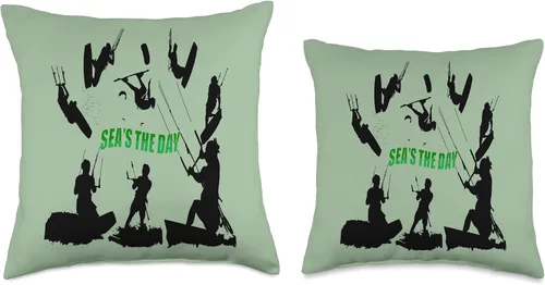 Vista 3 de Kitesurf Gifts and Surf Lover Tees by taiche Kitesurfer Pattern Black Silhouette Seas The Day Fun Pun 2 Throw Pillow, 16x16, Multicolor