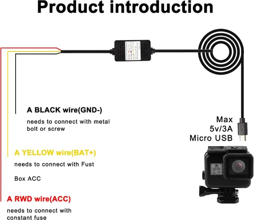 Vista 3 de MEIRIYFA Kit de cable duro Acc para salpicadero, cable micro USB, cable reductor, 12V-24V a DC 5V 3A, cable de alimentación para coche, cámara
